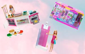 Collage mit Barbie Möbeln – eine Barbie Küche, eine Barbie Dusche und ein Barbie Ferienhaus