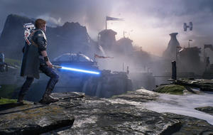 Szene aus Star Wars Jedi Fallen Order. Cal Kestis steht mit blauem Lichtschwert vor einer Basis des Imperiums