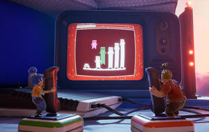 Szene aus It Takes Two: Cody und May bedienen Joysticks und spielen ein Spiel auf einem Fernseher.