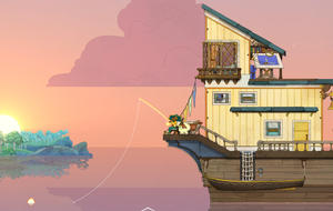 Screenshot aus Spiritfarer: Hauptfigur Stella angelt bei Sonnenaufgang auf ihrem Boot