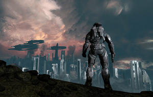 Szene aus Halo Reach: Master Chief steht auf einem Berg und blickt auf eine Stadt.