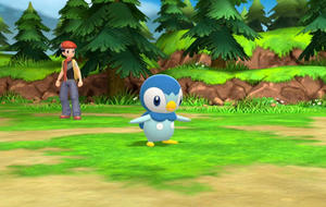 Trainer setzt in Pokémon Strahlender Diamant/Leuchtende Perle das Pinguin-artige Wasser-Pokemon Plinfa ein.