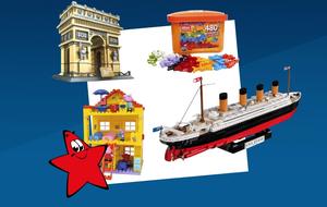 Vier Produkte von Lego-Alternativen: Titanic-Modell, Peppa Wutz Spielhaus, Triumphbogen und orangefarbene Steinebox.