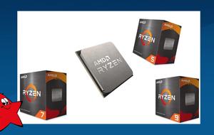 AMD Ryzen processors in packaging box and one processor chip without packaging