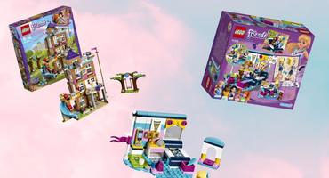 Collage mit Lego Friends Bausätzen vor rosa Hintergrund