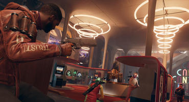 Szene aus Deathloop: Colt greift eine Halle voller Arcade-Maschinen an.