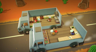 Szene aus Overcooked: Spielfiguren kochen auf zwei fahrenden, offenen Lastwagen und werfen sich Zutaten zu.