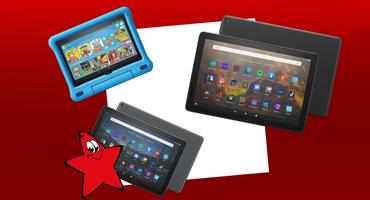 Die Amazon-Tablets Fire HD 10, Fire HD 10 Plus und Fire HD 8 Kids (Letzteres in Blau).