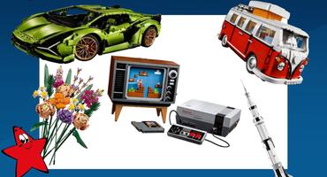 Lego-Sets für Erwachsene: grüner Lamborghini, VW Bus T1, Nintendo NES mit Fernseher, Blumenstrauß, Saturn 5 Rakete