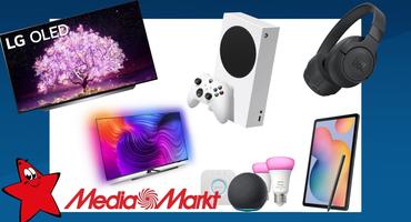TV-Geräte, Xbox Series S, Samsung-Tablet, Smart-Home-Glühbirnen, Kopfhörer, Media Markt Logo