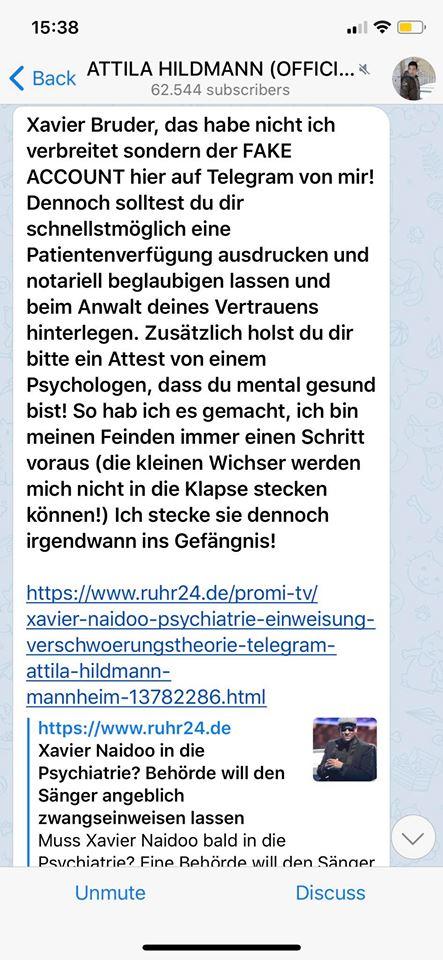 Attila Hildmann hat Sorge, dass er oder Xavier Naidoo in die Psychiatrie eingewiesen werden könnten