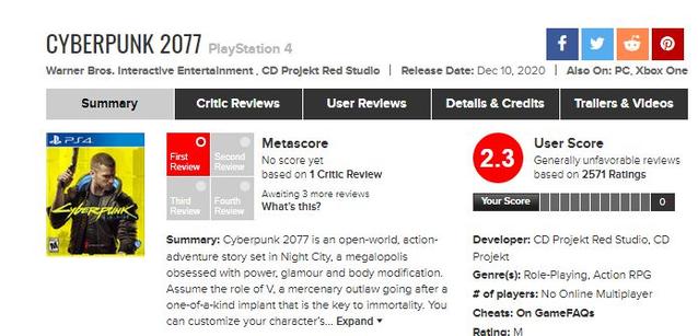 Cyberpunk 2077 auf Metacritic.com