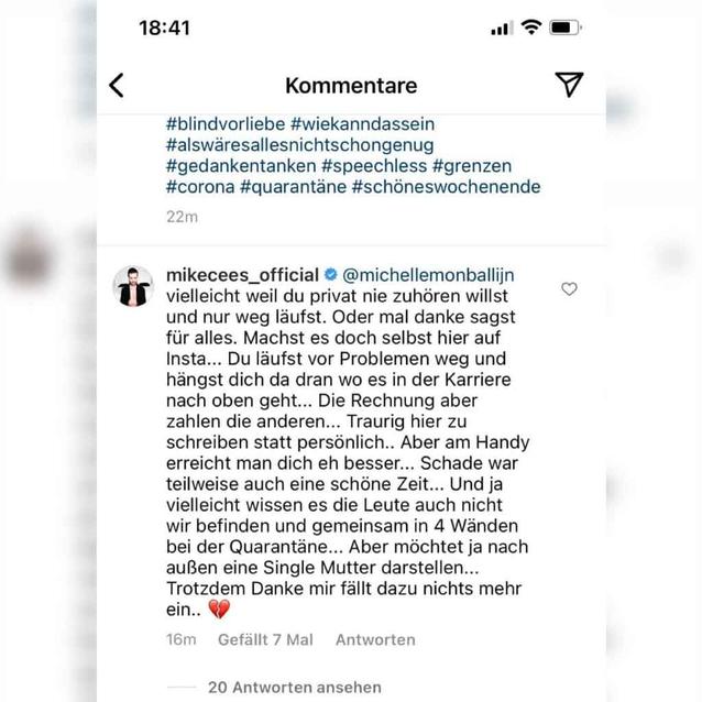 Kommentar Instagram Mike Cees unter Michelles Post