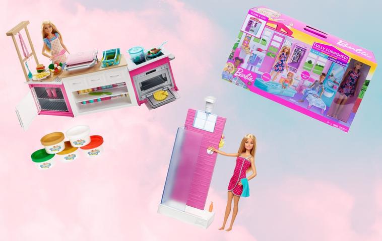 Collage mit Barbie Möbeln – eine Barbie Küche, eine Barbie Dusche und ein Barbie Ferienhaus