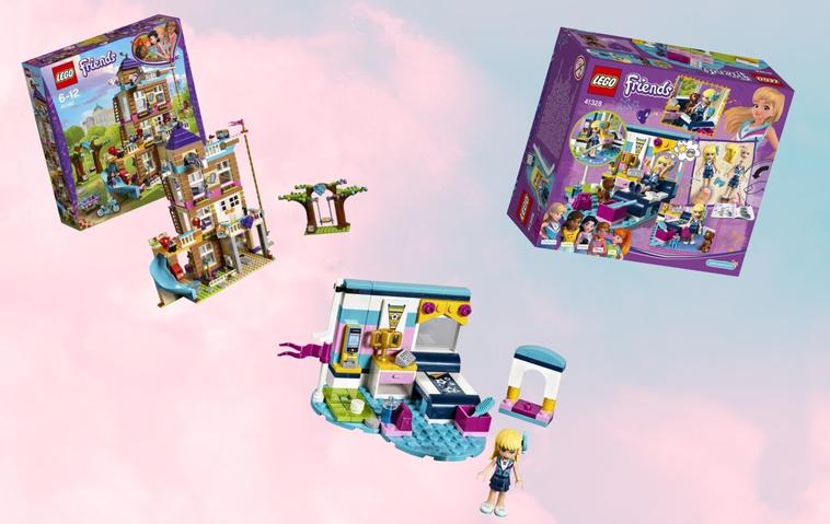 Collage mit Lego Friends Bausätzen vor rosa Hintergrund