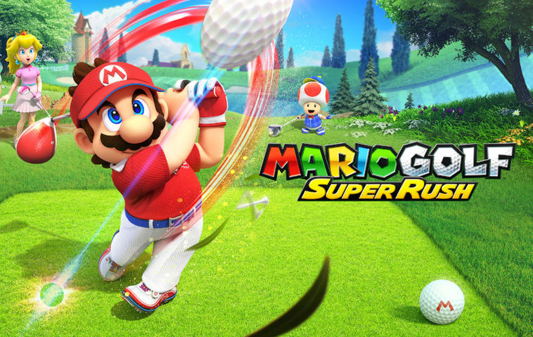 Super Mario schlägt in Mario Golf: Super Rush mit dem Golfschläger ab. Luigi, Peach und Toad schauen zu.