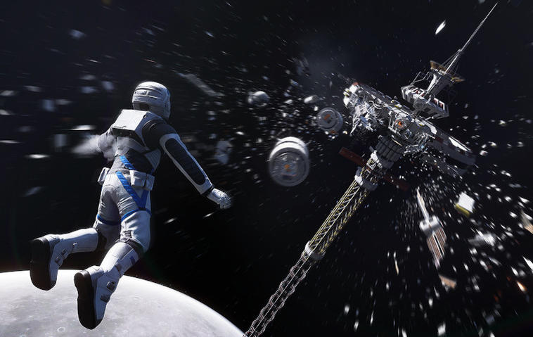Szene aus Deliver Us The Moon: Ein Astronaut schwebt außerhalb einer explodierenden Raumstation.