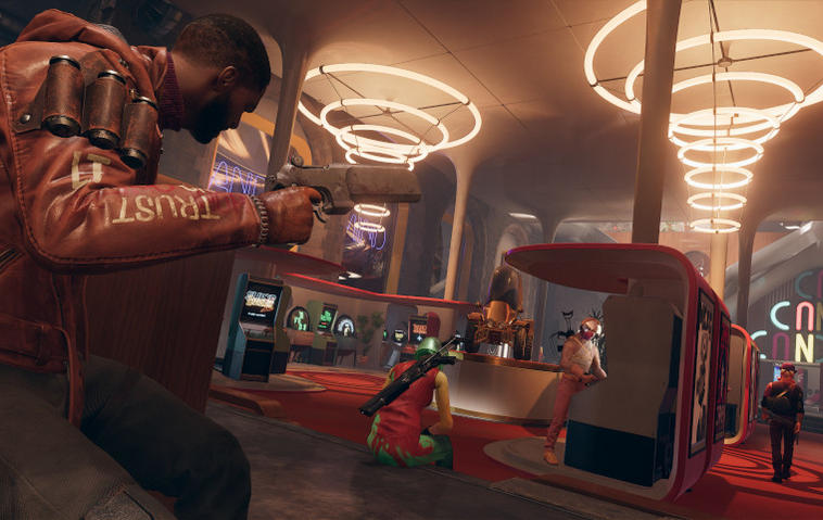Szene aus Deathloop: Colt greift eine Halle voller Arcade-Maschinen an.