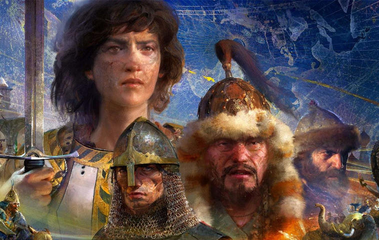 Artwork aus Age of Empires 4 mit verschiedenen historischen Persönlichkeiten.