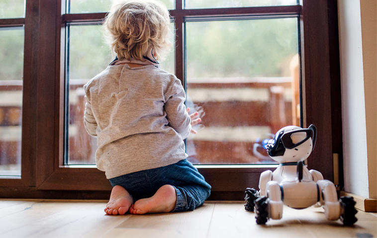 Roboter-Hund steht neben einem Jungen am Fenster