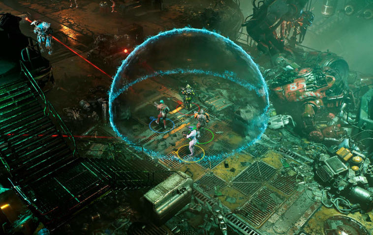 Szene aus The Ascent: Vier Spielfiguren stehen unter einer blauen Energiekuppel in einer industriellen Cyberpunk-Umgebung.