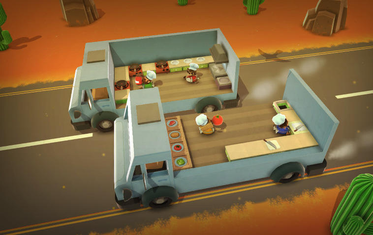 Szene aus Overcooked: Spielfiguren kochen auf zwei fahrenden, offenen Lastwagen und werfen sich Zutaten zu.