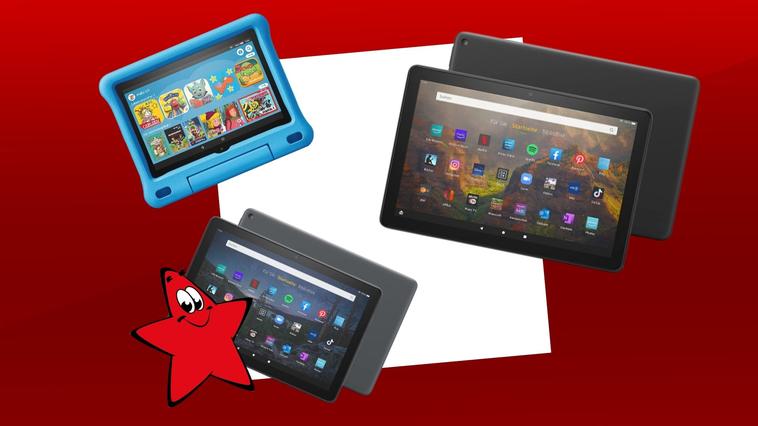 Die Amazon-Tablets Fire HD 10, Fire HD 10 Plus und Fire HD 8 Kids (Letzteres in Blau).