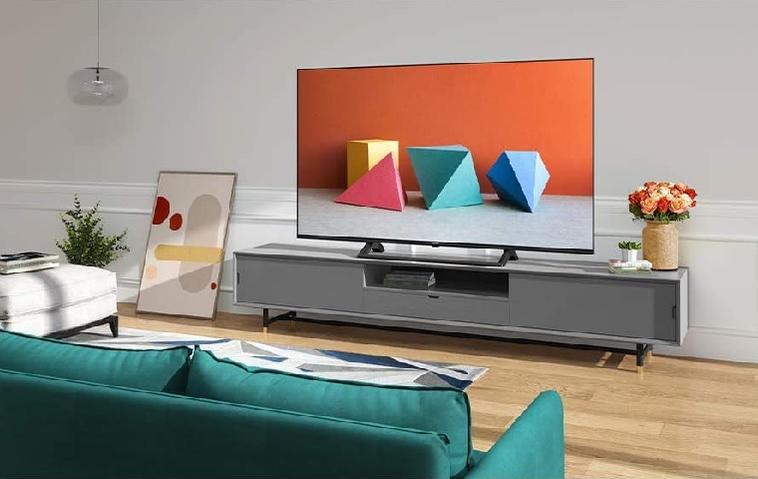 Ein Smart-TV 55 Zoll steht im Wohnzimmer.