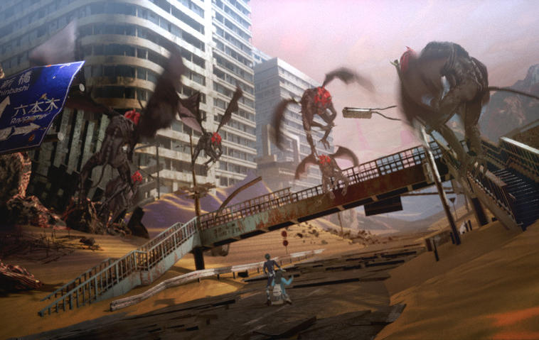 Szene aus Shin Megami Tensei 5: Geflügelte Dämonen greifen im zerstörten Tokio zwei Personen am Boden an.