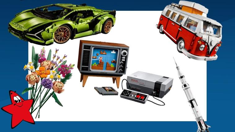 Lego-Sets für Erwachsene: grüner Lamborghini, VW Bus T1, Nintendo NES mit Fernseher, Blumenstrauß, Saturn 5 Rakete
