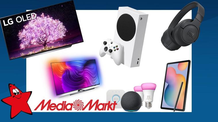 TV-Geräte, Xbox Series S, Samsung-Tablet, Smart-Home-Glühbirnen, Kopfhörer, Media Markt Logo