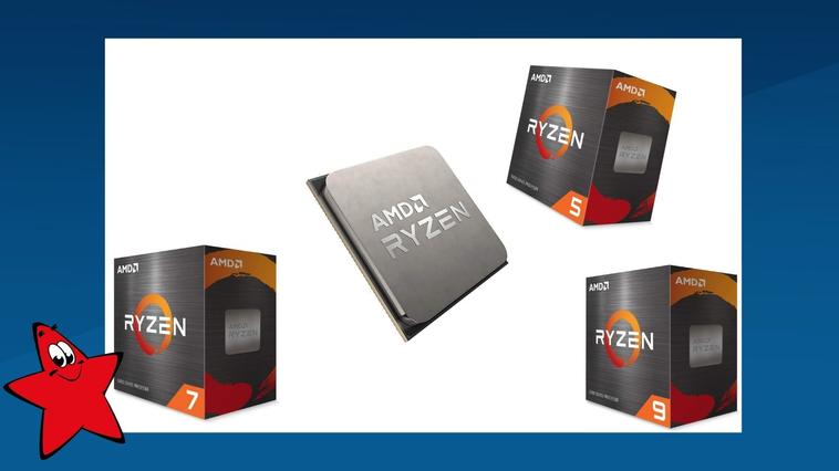 AMD Ryzen Prozessoren in Verpackungskarton und ein Prozessorchip ohne Packung