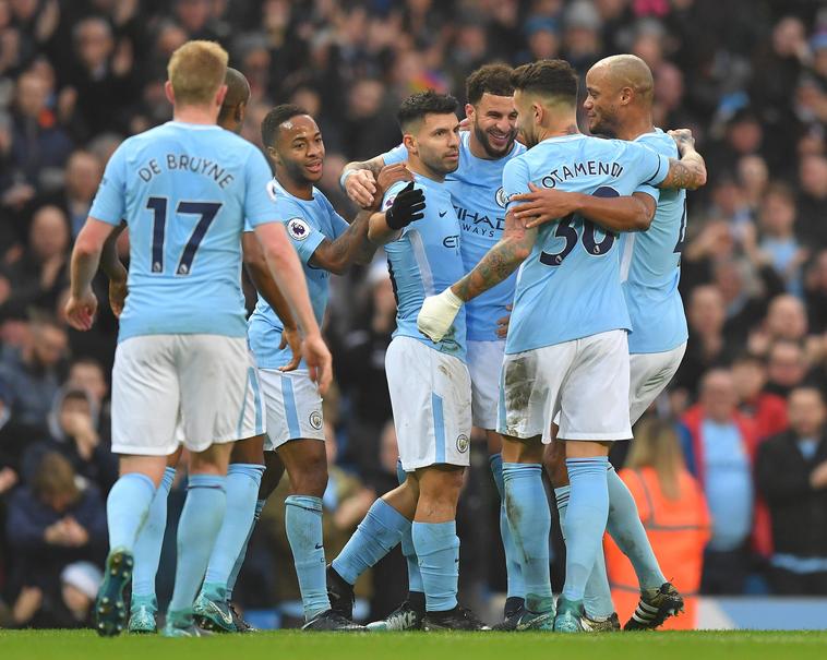 Manchester City freut sich über ein Tor; das Spiel gegen Atletico Madrid gibt es im Stream nur bei DAZN zu sehen