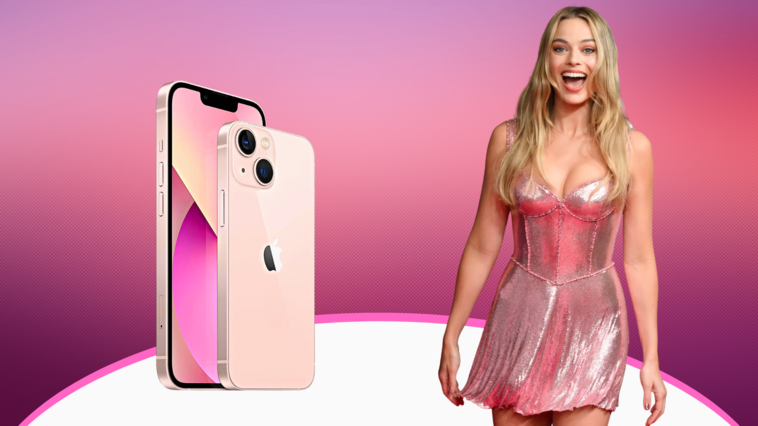 Margot Robbie ("Barbie") und das iPhone 13 in Pink